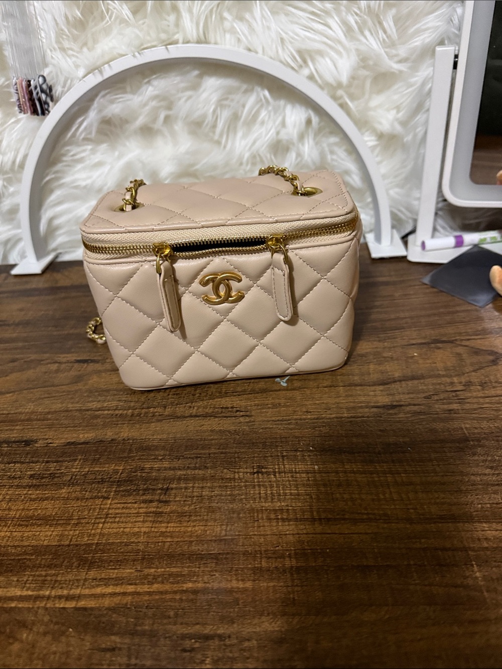 AAA Beige Quilted Mini Vanity Crossbody Bag with Gold Hardware